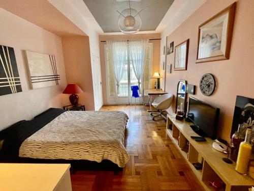 une chambre avec un lit et une télévision dans l'établissement Seaside vintage studio, à Nice