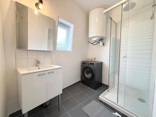 une salle de bain avec un lavabo et une machine à laver dans l'établissement Renovated apartment for 6 guests - Roubaix, à Roubaix
