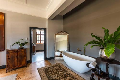 a bathroom with a large tub and a mirror at Rooiheuwel in Botrivier