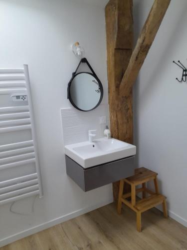 une salle de bain avec un lavabo et un miroir au mur dans l'établissement Gîte familial 8 couchages proche PuyduFou, à Beaurepaire