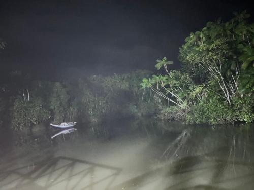 a boat on a river in the middle of a forest at Chalé Encantos do Una in Morros