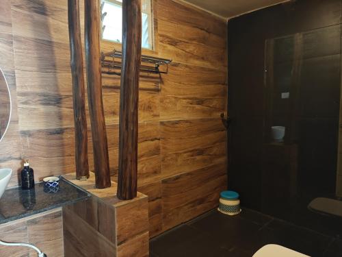 a bathroom with wooden walls and a toilet and a sink at Achalaa Resort in Kolhapur