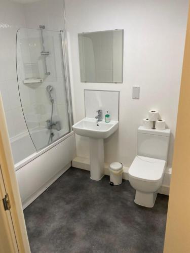 a bathroom with a toilet and a sink and a shower at Affordable 1 & 2 Bed Apartments in Slough, Great Heathrow Location in Colnbrook