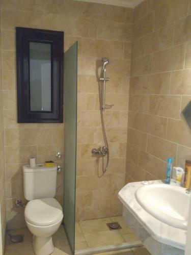 un bagno con doccia, WC e lavandino di Impeccable 1-Bed Apartment in Hurghada a Hurghada