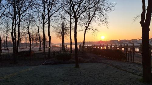 a sunset in a park with trees and a fence at B&B De SluisPod in Hoogeveen