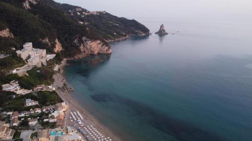 an aerial view of a beach next to the ocean at Villa Eleni Apartment no2 in Agios Gordios