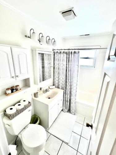 a white bathroom with a toilet and a sink at Campus Cottage in Marion