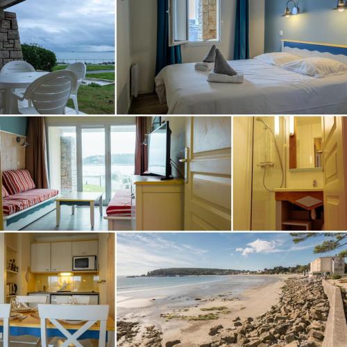 un collage de quatre photos d'une chambre d'hôtel dans l'établissement Ti Cap - plage à pieds - Piscine, à Crozon