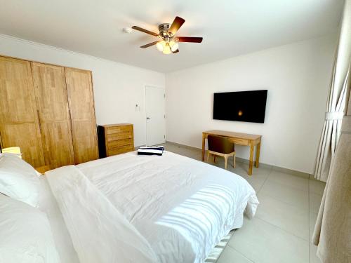 a bedroom with a bed with a ceiling fan and a desk at Bon Bini Suites in Oranjestad