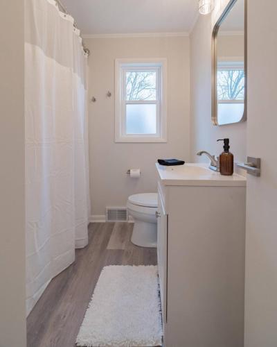 a white bathroom with a sink and a toilet at Tin Roof Inn in Marion