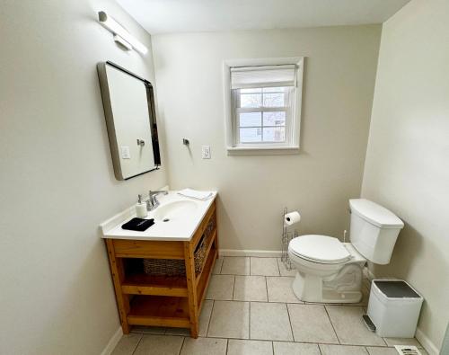 a bathroom with a toilet and a sink and a mirror at Trojan Hideaway On First Street in Gas City