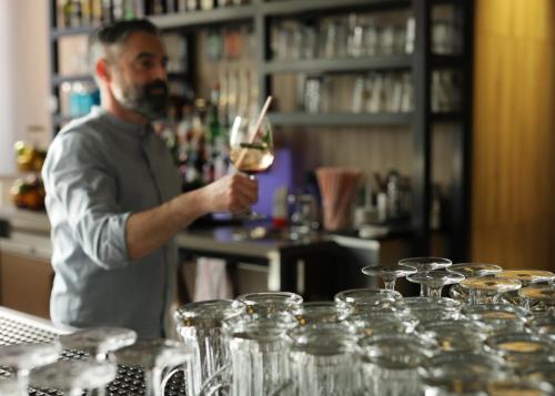 a man holding a glass of wine in a bar at ibis Frankfurt Centrum in Frankfurt/Main
