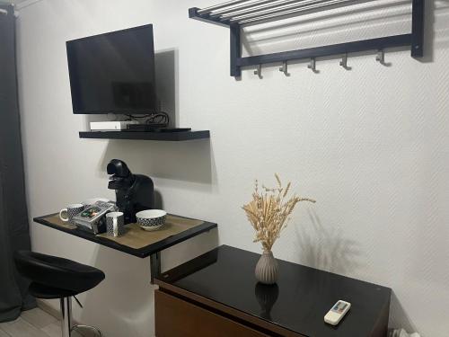 パリにあるStudio proche Tour Eiffelのテレビと椅子のある机のある部屋