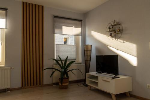 a living room with a tv and a window at Kreide & Meer in Sassnitz
