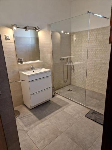 une salle de bain avec une douche, un lavabo et un miroir dans l'établissement Chez Maryse, à Hyères