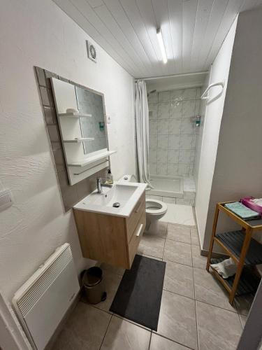 une salle de bain blanche avec un lavabo et des toilettes dans l'établissement Les acacias, à Gréoux-les-Bains