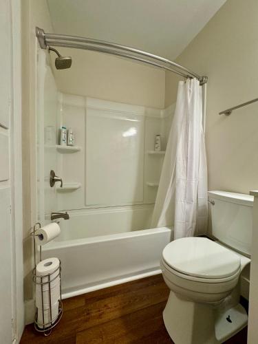 a bathroom with a toilet and a tub and a shower at Campus Den On Poplar St in Marion