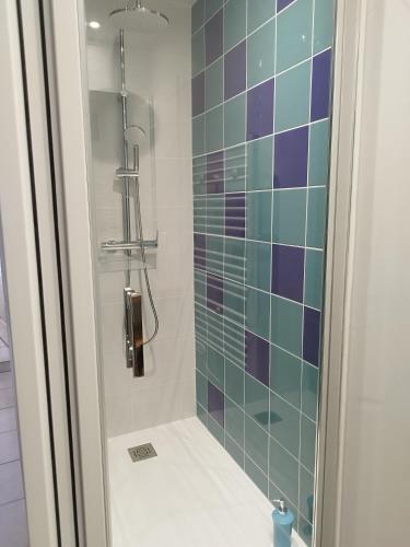 La salle de bains est pourvue d'une douche avec du carrelage bleu et vert. dans l'établissement Par Saint Georges !, à Cahors