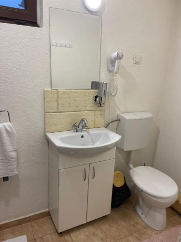 a bathroom with a sink and a toilet and a mirror at Transylvania WINE in Turda