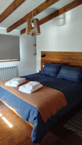 a bedroom with a bed with two pillows on it at Complejo Puente viejo JMT in Trevelín