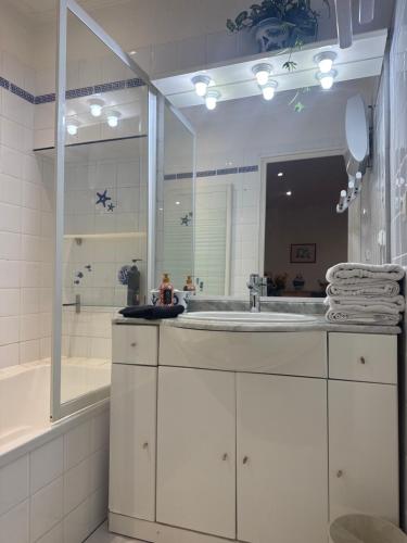 une salle de bain avec un lavabo et un grand miroir dans l'établissement Le ville franche, à Villefranche-sur-Mer