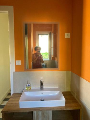 a person taking a picture of a bathroom sink at Wunderschöne Wohnung in Jugendstilvilla am Hafen in Nice