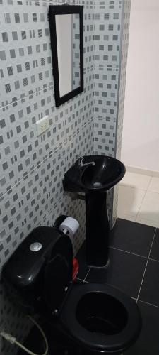 a bathroom with a black toilet and a mirror at Hostal Villa del Río Las Brisas in Villavieja