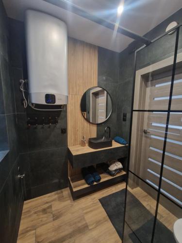 a bathroom with a sink and a mirror at Chill Chaty in Tarnobrzeg