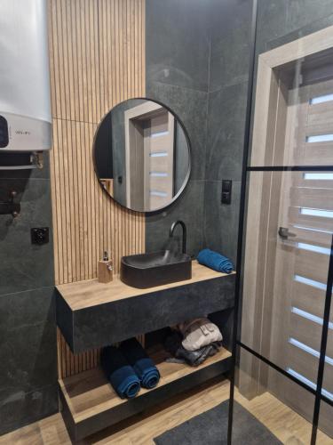 a bathroom with a sink and a mirror at Chill Chaty in Tarnobrzeg
