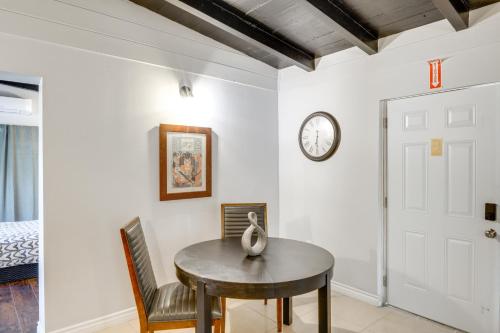 a dining room with a table and a clock on the wall at Hike and Explore Studio Stay in Frazier Park in Frazier Park