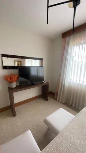 a living room with a flat screen tv and a window at Pousada Fazenda Aroeira Secretário in Itaipava