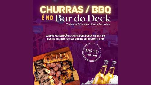 a flyer for a bar do deck with meat and bottles of beer at Pura Vida Hostel in Rio de Janeiro