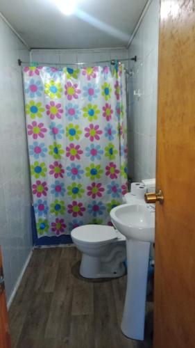 a bathroom with a toilet and a shower curtain at Cabañas Ancud Magico in Ancud
