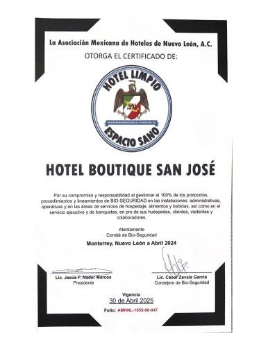 a letter from the hotel boutique san osuna with the hoteloultre samose at San José Suites Boutique in Linares