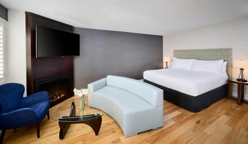 a hotel room with a bed and a fireplace at Radisson Blu Toronto Downtown in Toronto