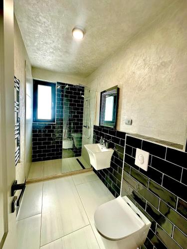 a bathroom with a toilet and a sink at B2 Boutique Apartments in Năvodari