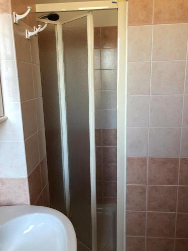 a shower with a glass door in a bathroom at Albergo BELVEDERE in Santa Cristina Gela