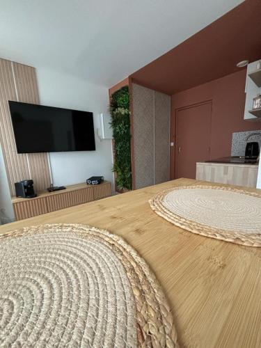 Cette chambre comprend un grand lit et une télévision à écran plat. dans l'établissement Cocon du Berry cœur historique, à Bourges