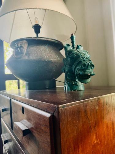 a lamp sitting on top of a wooden dresser at Pekoetrails Hantana Homestay in Kandy