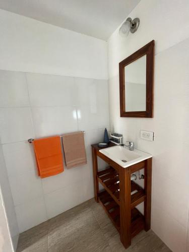a bathroom with a sink and a mirror at La comarca 1 in Villa Gesell