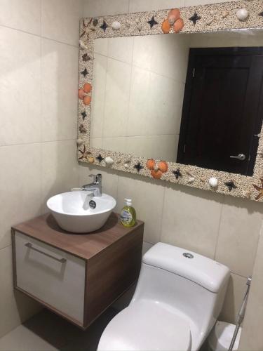 a bathroom with a toilet and a sink and a mirror at Punta Centinela in Punta Blanca