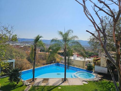 einen Pool in einem Garten mit Bäumen in der Unterkunft Casa El Mirador - Burgos, Familiar in Temixco