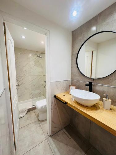 a bathroom with a sink and a toilet and a mirror at Bóreas Ecoluxury Glamping in El Calafate