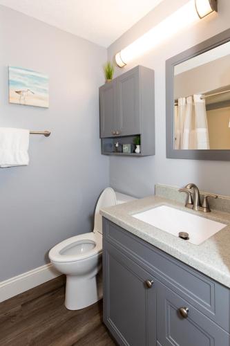 a bathroom with a sink and a toilet at Upgraded Downtown Apartment Sleeps 5 in Sandusky