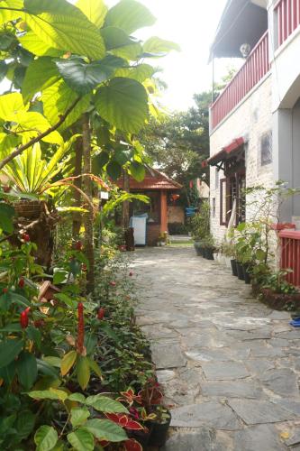 a stone walkway in a garden with plants and a building at Loc Phat Hoi An Homestay in Hoi An
