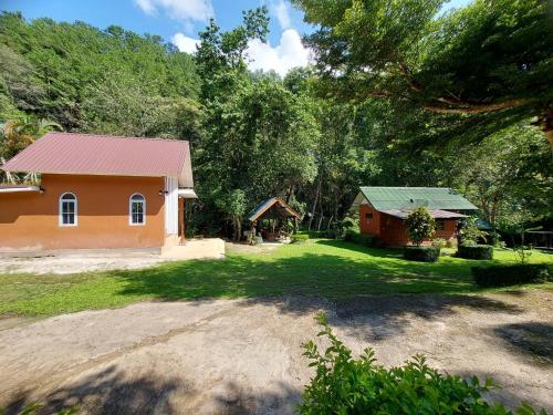 Ban Sop Mae KlangPloy&Praew House 2的庭院旁的一座带绿色屋顶的小房子