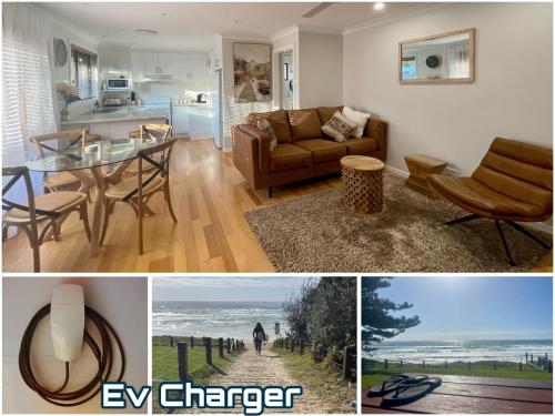 a collage of pictures of a kitchen and a living room at The Sandy Villa 150 meters from Sawtell Beach in Sawtell