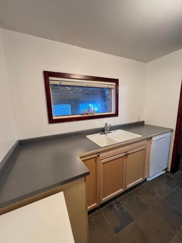 a kitchen with a sink and a window at Moonlight Stay Whitehorse Downtown in Whitehorse