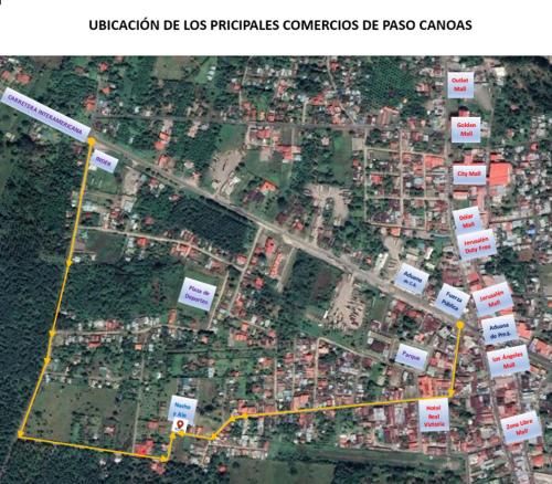 a map of a city with a yellow line at Hospedaje Nacho y Ale No 1, Paso Canoas, Costa Rica in Canoas