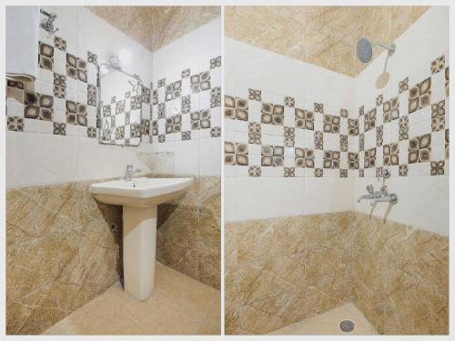 two pictures of a bathroom with a sink and a shower at Hotel O Behl Ashiana in Amritsar